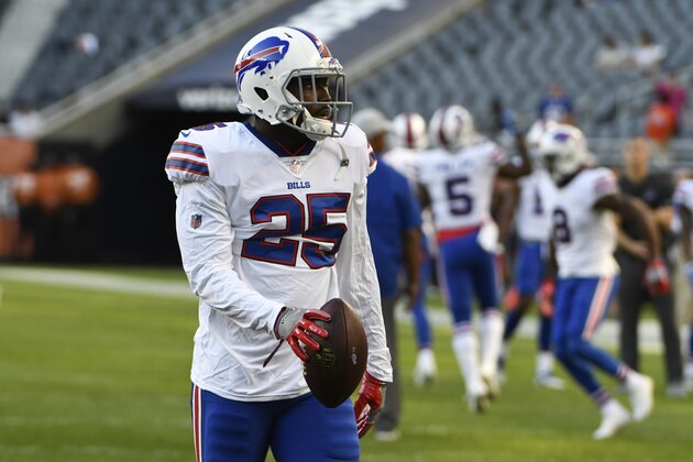 Buffalo Bills running back LeSean McCoy (25) warms up before an NFL preseason football game against the Chicago Bears in Chicago, Thursday, Aug. 30, 2018. (AP Photo/David Banks)