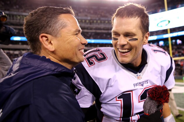 EAST RUTHERFORD, NJ - NOVEMBER 27:  Tom Brady #12 of the New England Patriots celebrates with trainer Alex Guerrero after defeating the New York Jets with a score of 22 to 17 at MetLife Stadium on November 27, 2016 in East Rutherford, New Jersey.  (Photo by Elsa/Getty Images)