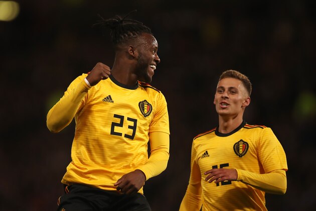 GLASGOW, SCOTLAND - SEPTEMBER 07: Michy Batshuayi of Belgium reacts after scoring his first goal during the International Friendly match between Scotland and Belgium at Hampden Park on September 7, 2018 in Glasgow, United Kingdom. (Photo by Ian MacNicol/Getty Images)