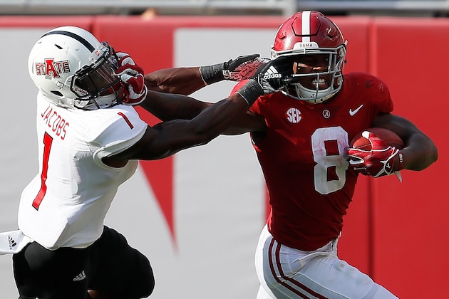 TUSCALOOSA, AL - SEPTEMBER 08:  Jerry Jacobs #1 of the Arkansas State Red Wolves is flagged for this facemask as he attempts to tackle Josh Jacobs #8 of the Alabama Crimson Tide at Bryant-Denny Stadium on September 8, 2018 in Tuscaloosa, Alabama.  (Photo by Kevin C. Cox/Getty Images)