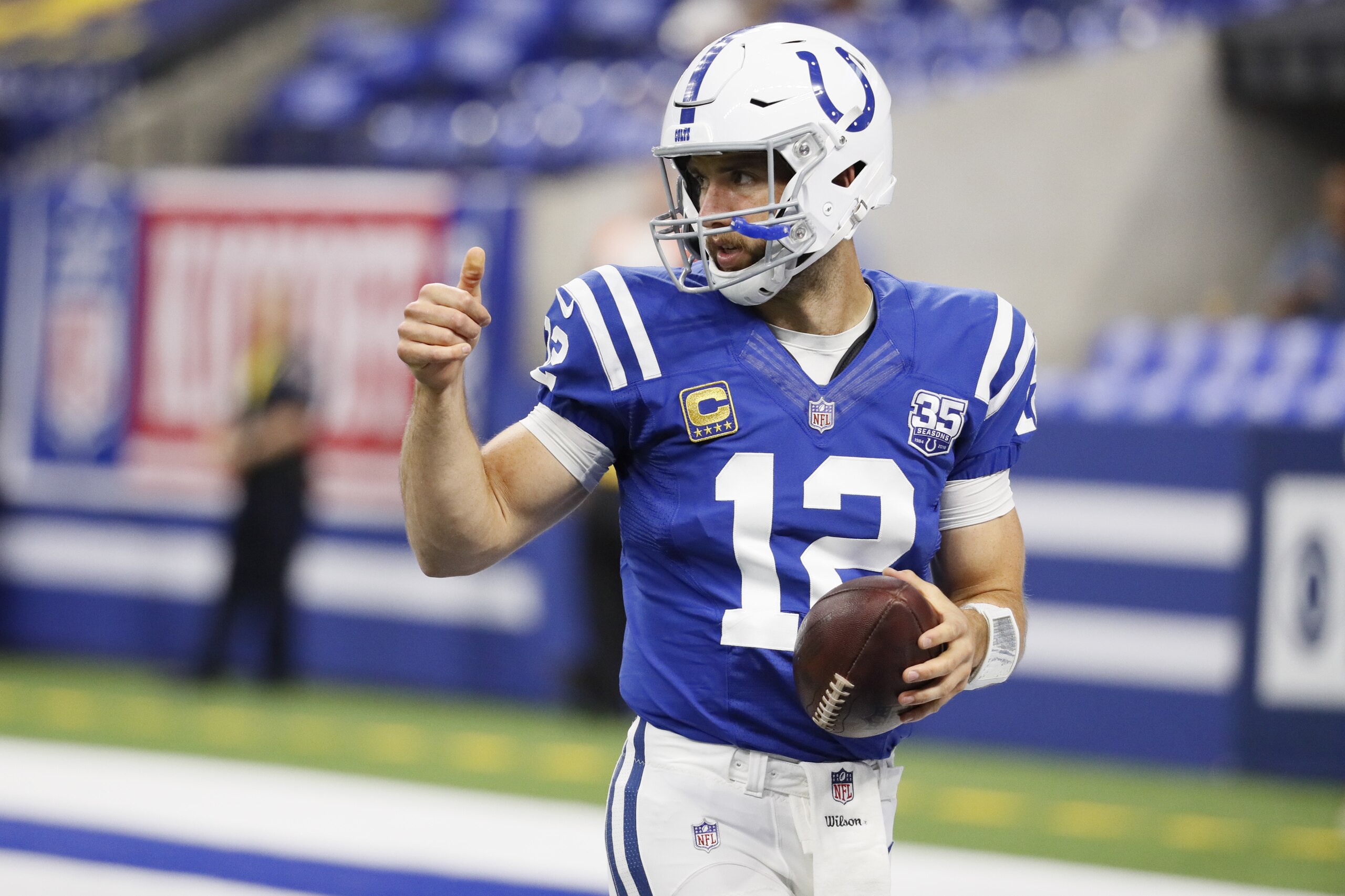 Indianapolis Colts quarterback Andrew Luck (12) warms up before an NFL football game against the Cincinnati Bengals in Indianapolis, Sunday, Sept. 9, 2018. (AP Photo/John Minchillo)