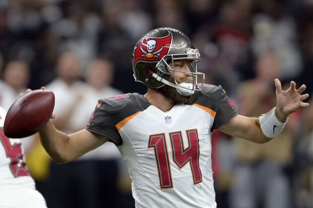 Tampa Bay Buccaneers quarterback Ryan Fitzpatrick (14) passes in the first half of an NFL football game against the New Orleans Saints in New Orleans, Sunday, Sept. 9, 2018. (AP Photo/Bill Feig)