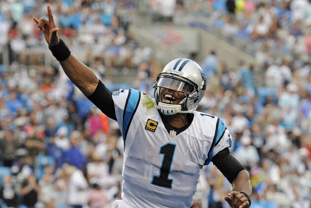 Carolina Panthers' Cam Newton (1) celebrates a Carolina Panthers touchdown against the Dallas Cowboys during the second half of an NFL football game in Charlotte, N.C., Sunday, Sept. 9, 2018. (AP Photo/Mike McCarn)