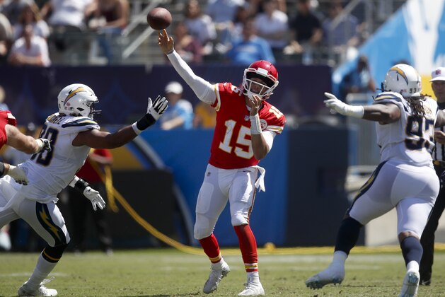 Kansas City Chiefs quarterback Patrick Mahomes passes against the Los Angeles Chargers during the first half of an NFL football game Sunday, Sept. 9, 2018, in Carson, Calif. (AP Photo/Jae C. Hong)