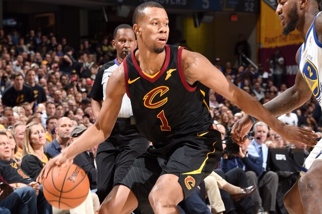 CLEVELAND, OH - JUNE 8: Rodney Hood #1 of the Cleveland Cavaliers handles the ball against the Golden State Warriors during Game Four of the 2018 NBA Finals on June 8, 2018 at Quicken Loans Arena in Cleveland, Ohio. NOTE TO USER: User expressly acknowledges and agrees that, by downloading and or using this Photograph, user is consenting to the terms and conditions of the Getty Images License Agreement. Mandatory Copyright Notice: Copyright 2018 NBAE (Photo by Andrew D. Bernstein/NBAE via Getty Images)