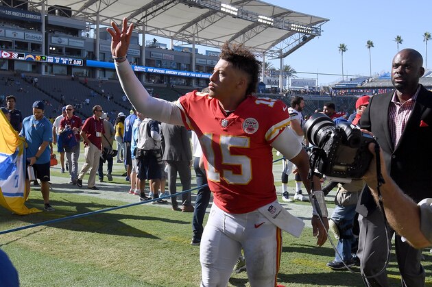 CARSON, CA - SEPTEMBER 09:  Patrick Mahomes #15 of the Kansas City Chiefs reacts as he leaves the field after a 38-28 win over the Kansas City Chiefs at StubHub Center on September 9, 2018 in Carson, California.  (Photo by Harry How/Getty Images)