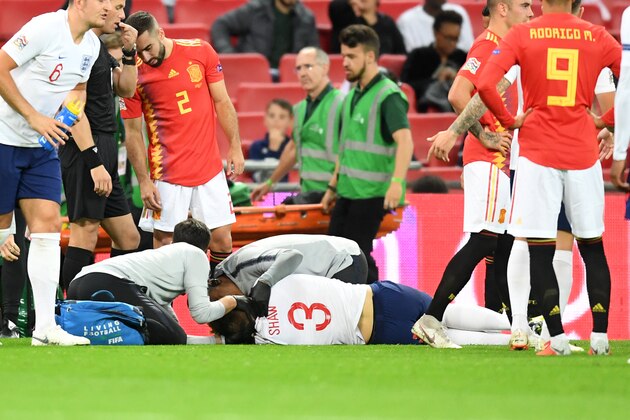 LONDON, ENGLAND - SEPTEMBER 08:  Luke Shaw of England goes down injured during the UEFA Nations League A group four match between England and Spain at Wembley Stadium on September 8, 2018 in London, United Kingdom.  (Photo by Michael Regan/Getty Images)