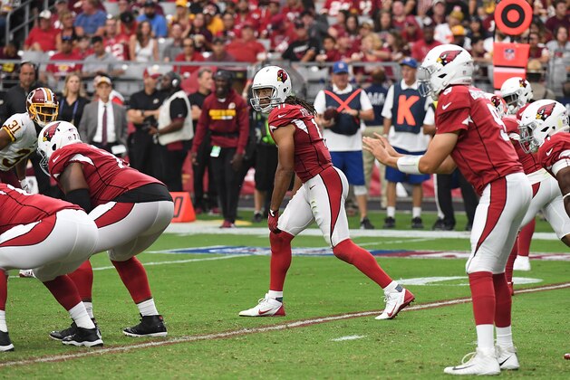 GLENDALE, AZ - SEPTEMBER 09:  Larry Fitzgerald #11 of the Arizona Cardinals gets ready to run a pass pattern against the Washington Redskins at State Farm Stadium on September 9, 2018 in Glendale, Arizona.  (Photo by Norm Hall/Getty Images)