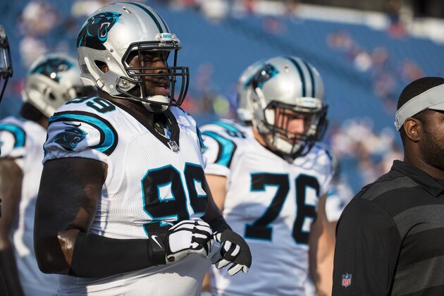 ORCHARD PARK, NY - AUGUST 09:  Kawann Short #99 of the Carolina Panthers participates in warm ups before the game against the Buffalo Bills at New Era Field on August 9, 2018 in Orchard Park, New York. Carolina defeats Buffalo in the preseason game 28-23.  (Photo by Brett Carlsen/Getty Images)