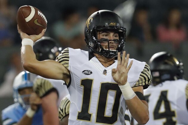 Wake Forest's quarterback Sam Hartman, 10, throws the ball in the first half of an NCAA college football game against Tulane in New Orleans, on Thursday, Aug. 30, 2018. (AP Photo/Veronica Dominach)