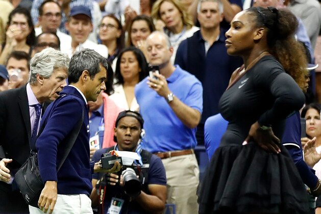 NEW YORK, NY - SEPTEMBER 08:  Serena Williams of the United States reacts looks on after her defeat in the Women's Singles finals match to Naomi Osaka of Japan as umpire Carlos Ramos leaves the court on Day Thirteen of the 2018 US Open at the USTA Billie Jean King National Tennis Center on September 8, 2018 in the Flushing neighborhood of the Queens borough of New York City.  (Photo by Julian Finney/Getty Images)