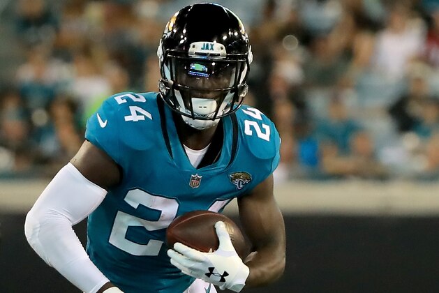 JACKSONVILLE, FL - AUGUST 25:  T.J. Yeldon #24 of the Jacksonville Jaguars runs for yardage during a preseason game against the Atlanta Falcons at TIAA Bank Field on August 25, 2018 in Jacksonville, Florida.  (Photo by Sam Greenwood/Getty Images)