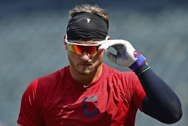 Cleveland Indians' Josh Donaldson exits the batting cage during batting practice before a baseball game against the Tampa Bay Rays, Sunday, Sept. 2, 2018, in Cleveland. (AP Photo/David Dermer)