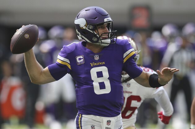 Minnesota Vikings quarterback Kirk Cousins throws a pass during the first half of an NFL football game against the San Francisco 49ers, Sunday, Sept. 9, 2018, in Minneapolis. (AP Photo/Jim Mone)