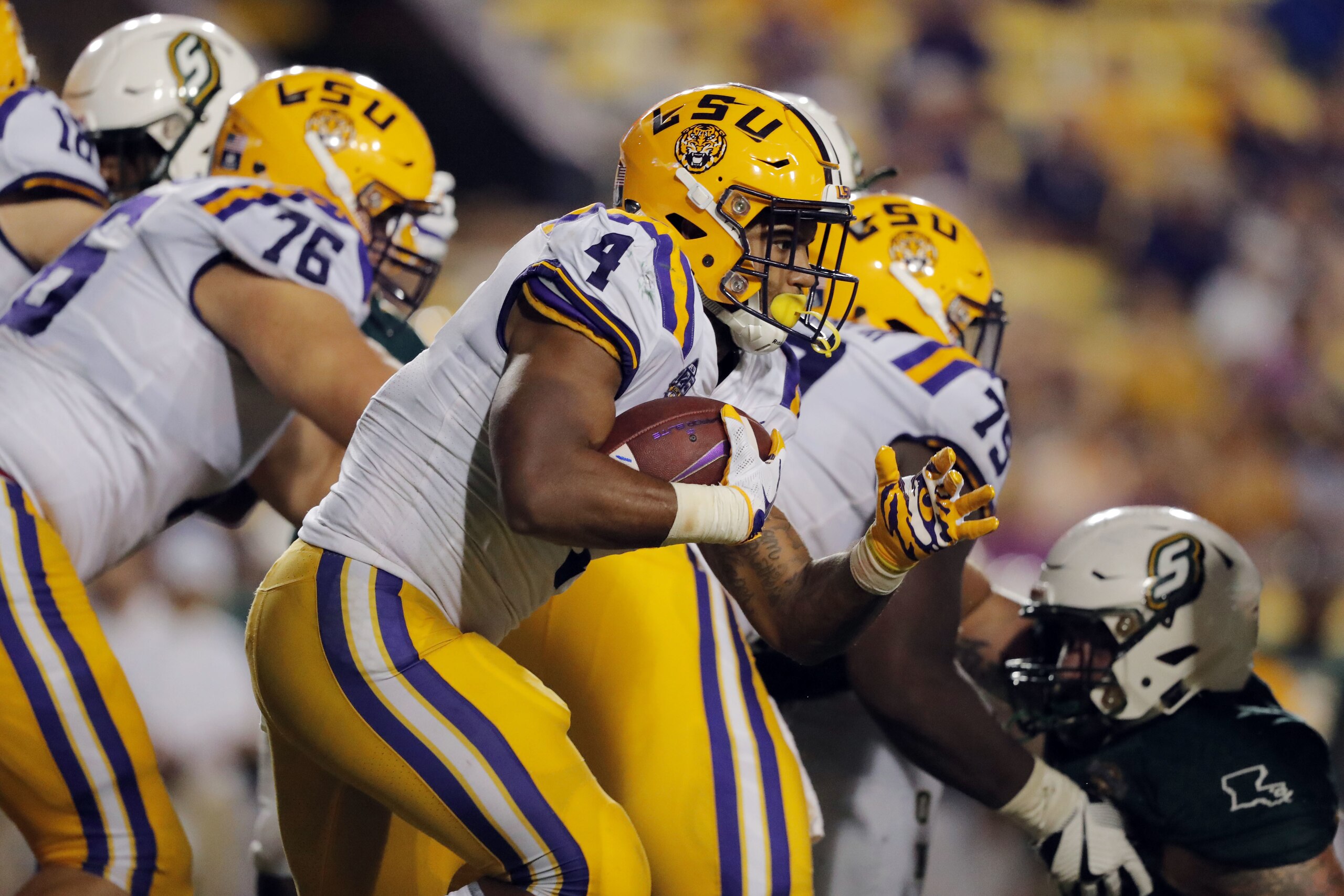 LSU running back Nick Brossette (4) carries in the second half of an NCAA college football game against Southeastern Louisiana in Baton Rouge, La., Saturday, Sept. 8, 2018. LSU won 31-0. (AP Photo/Gerald Herbert)