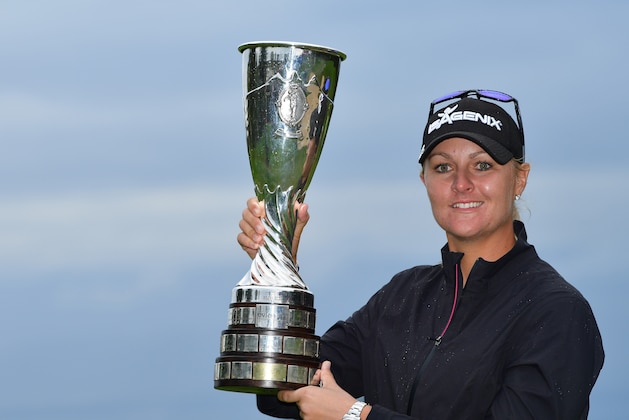 EVIAN-LES-BAINS, FRANCE - SEPTEMBER 17:  Anna Nordqvist of Sweden holds the trophy after winning during the play off after the final round of The Evian Championship at Evian Resort Golf Club on September 17, 2017 in Evian-les-Bains, France.  (Photo by Stuart Franklin/Getty Images)