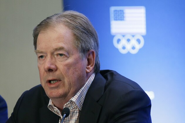 FILE - In this June 30, 2015 file photo, U.S. Olympic Committee Chairman Larry Probst speaks during a news conference in Redwood City, Calif.  Leaders of the U.S. Olympic Committee said they have no plans to part ways with CEO Scott Blackmun and will wait for results from an independent investigation into the federation's handling of sex-abuse complaints from gymnasts before making any major moves. Probst used the USOC's traditional pre-Olympics news conference Friday, Feb. 9, 2018,  to apologize to the hundreds of gymnasts abused by Larry Nassar, who served as a doctor for the U.S. Olympic gymnastics team. (AP Photo/Eric Risberg, File)