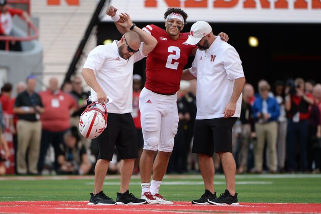 LINCOLN, NE - SEPTEMBER 08: Quarterback Adrian Martinez #2 of the Nebraska Cornhuskers walks off the field in the fourth quarter against the Colorado Buffaloes at Memorial Stadium on September 8, 2018 in Lincoln, Nebraska. (Photo by Steven Branscombe/Getty Images)