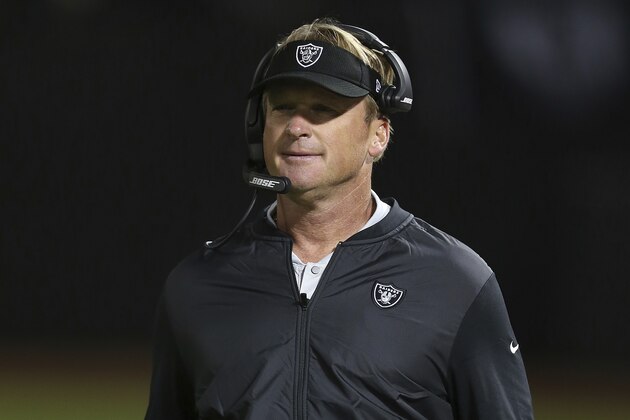 Oakland Raiders coach Jon Gruden appears during an NFL football game against the Green Bay Packers Friday, Aug. 24, 2018, in Oakland, CA. The Niners won 24-21. (Daniel Gluskoter/AP Images for Panini)
