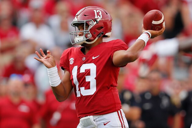 TUSCALOOSA, AL - SEPTEMBER 08:  Tua Tagovailoa #13 of the Alabama Crimson Tide looks to pass against the Arkansas State Red Wolves at Bryant-Denny Stadium on September 8, 2018 in Tuscaloosa, Alabama.  (Photo by Kevin C. Cox/Getty Images)