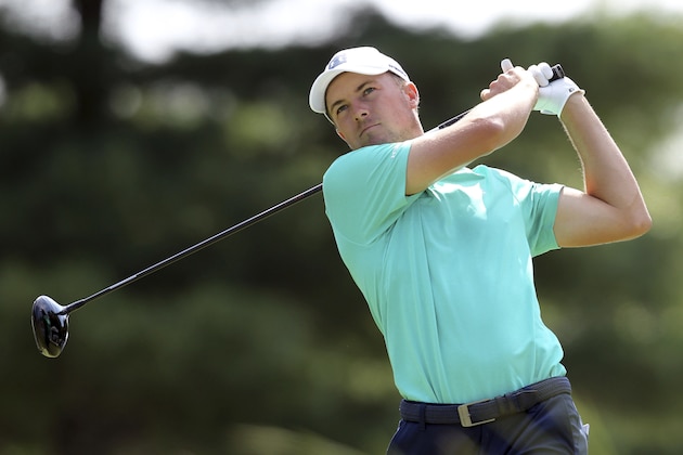 Jordan Spieth tees off on the the tenth hole during the first round of the Dell Technologies Championship golf tournament at TPC Boston in Norton, Mass., Friday, Aug. 31, 2018. (AP Photo/Stew Milne)