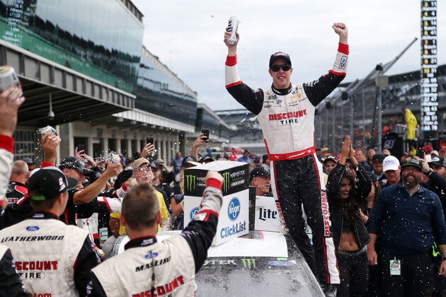 INDIANAPOLIS, IN - SEPTEMBER 10:  Brad Keselowski, driver of the #2 Discount Tire Ford, celebrates in victory lane after winning the Monster Energy NASCAR Cup Series Big Machine Vodka 400 at the Brickyard at Indianapolis Motor Speedway on September 10, 2018 in Indianapolis, Indiana.  (Photo by Matt Sullivan/Getty Images)