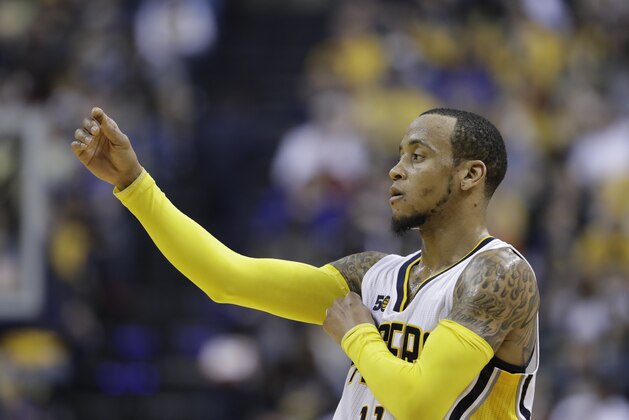 Indiana Pacers' Monta Ellis in action during the second half of an NBA basketball game against the Atlanta Hawks, Wednesday, April 12, 2017, in Indianapolis. Indiana defeated Atlanta 104-86. (AP Photo/Darron Cummings)