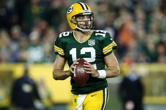 GREEN BAY, WI - SEPTEMBER 09: Aaron Rodgers #12 of the Green Bay Packers drops back to pass in the first quarter against the Chicago Bears at Lambeau Field on September 9, 2018 in Green Bay, Wisconsin. (Photo by Dylan Buell/Getty Images) GREEN BAY, WI - SEPTEMBER 09: Aaron Rodgers #12 of the Green Bay Packers drops back to pass in the first quarter against the Chicago Bears at Lambeau Field on September 9, 2018 in Green Bay, Wisconsin. (Photo by Dylan Buell/Getty Images)
