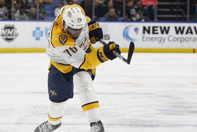 Nashville Predators defenseman P.K. Subban (76) takes a shot during the first period of an NHL hockey game against the Buffalo Sabres Monday, March 19, 2018, in Buffalo, N.Y. (AP Photo/Jeffrey T. Barnes)