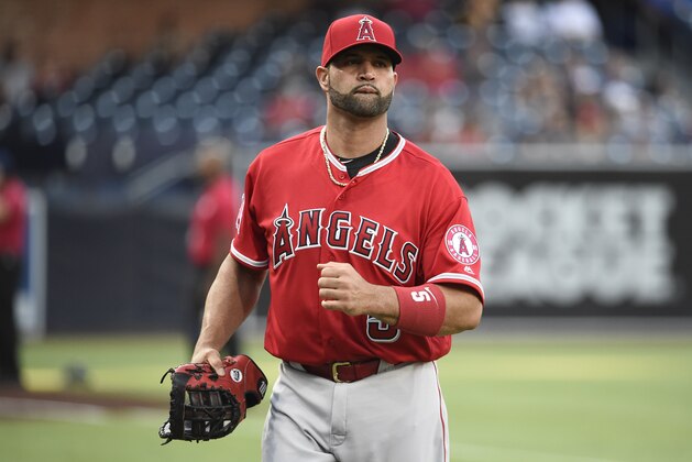 SAN DIEGO, CA - AUGUST 15: Albert Pujols #5 of the Los Angeles Angels looks on during a baseball game against the San Diego Padres at PETCO Park on August 15, 2018 in San Diego, California. (Photo by Denis Poroy/Getty Images)