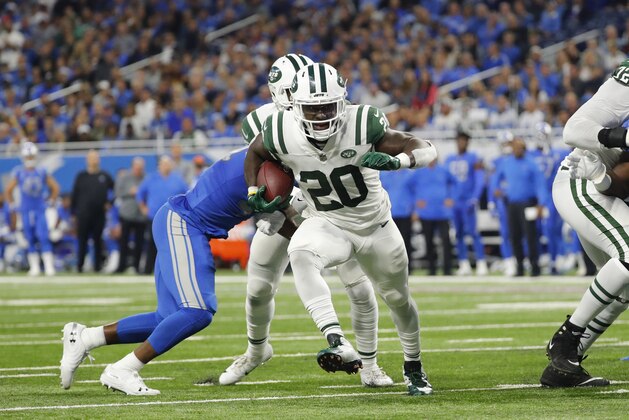 New York Jets running back Isaiah Crowell runs to score a touchdown in the first half of an NFL football game against the Detroit Lions in Detroit, Monday, Sept. 10, 2018. (AP Photo/Rick Osentoski)