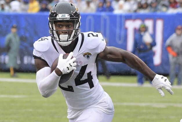 Jacksonville Jaguars' T.J. Yeldon (24) rushes during the first half of an NFL football game against the New York Giants Sunday, Sept. 9, 2018, in East Rutherford, N.J. (AP Photo/Bill Kostroun)