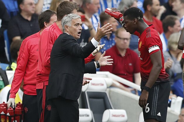 Manchester United's manager Jose Mourinho gestures as he speaks to Paul Pogba during the English Premier League soccer match between Brighton and Hove Albion and Manchester United at the Amex stadium in Brighton, England, Sunday, Aug. 19, 2018. (AP Photo/Alastair Grant)