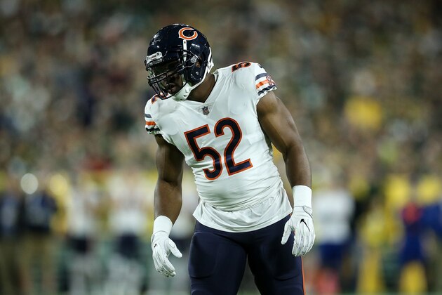 GREEN BAY, WI - SEPTEMBER 09:  Khalil Mack #52 of the Chicago Bears lines up for a play in the first quarter against the Green Bay Packers at Lambeau Field on September 9, 2018 in Green Bay, Wisconsin.  (Photo by Dylan Buell/Getty Images)