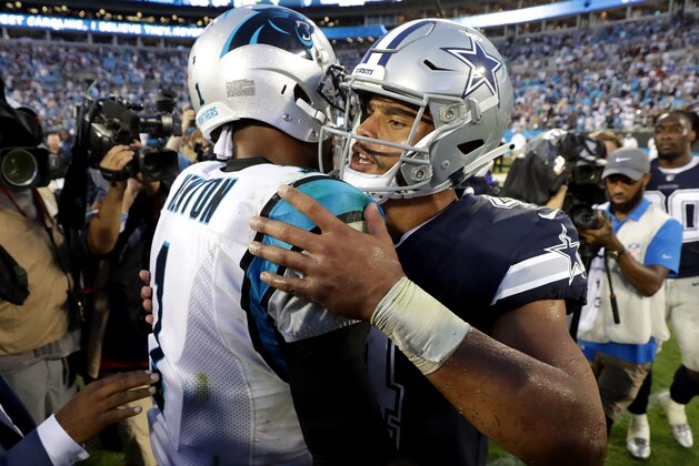 CHARLOTTE, NC - SEPTEMBER 09:  Dak Prescott #4 of the Dallas Cowboys greets Cam Newton #1 of the Carolina Panthers after their game at Bank of America Stadium on September 9, 2018 in Charlotte, North Carolina.  (Photo by Streeter Lecka/Getty Images)