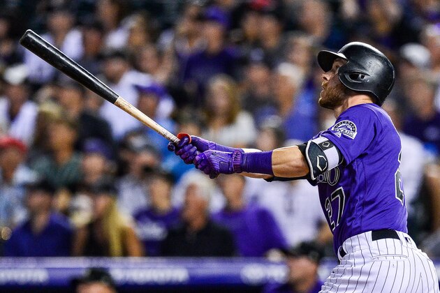 DENVER, CO - SEPTEMBER 10: Trevor Story #27 of the Colorado Rockies follows the flight of a three run homerun against the Arizona Diamondbacks in the fifth inning of a game  at Coors Field on September 10, 2018 in Denver, Colorado.  (Photo by Dustin Bradford/Getty Images)