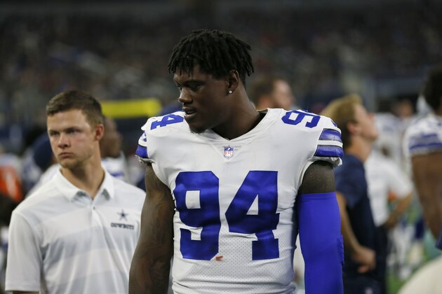 Dallas Cowboys defensive end Randy Gregory walks the sideline during a preseason NFL Football game against the Cincinnati Bengals in Arlington, Texas, Saturday, Aug. 18, 2018. (AP Photo/Roger Steinman)