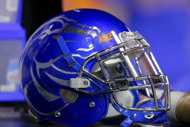 Boise State helmet in the second half of an NCAA college football game against Connecticut, Saturday, Sept. 8, 2018, in Boise, Idaho. Boise State won 62-7. (AP Photo/Steve Conner)