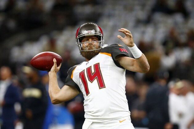 Tampa Bay Buccaneers quarterback Ryan Fitzpatrick (14) warms up before an NFL football game against the New Orleans Saints in New Orleans, Sunday, Sept. 9, 2018. (AP Photo/Butch Dill)