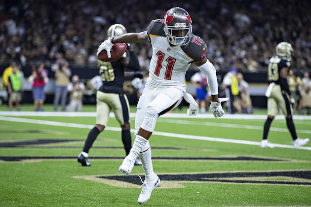 NEW ORLEANS, LA - SEPTEMBER 9:  DeSean Jackson #11 of the Tampa Bay Buccaneers celebrates in the end zone with a dance after catching a touchdown pass against the New Orleans Saints at Mercedes-Benz Superdome on September 9, 2018 in New Orleans, Louisiana.  The Buccaneers defeated the Saints 48-40.  (Photo by Wesley Hitt/Getty Images)