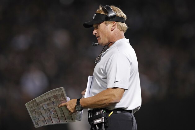 Oakland Raiders head coach Jon Gruden stands on the sidelines during the second half of an NFL football game against the Los Angeles Rams in Oakland, Calif., Monday, Sept. 10, 2018. (AP Photo/John Hefti)