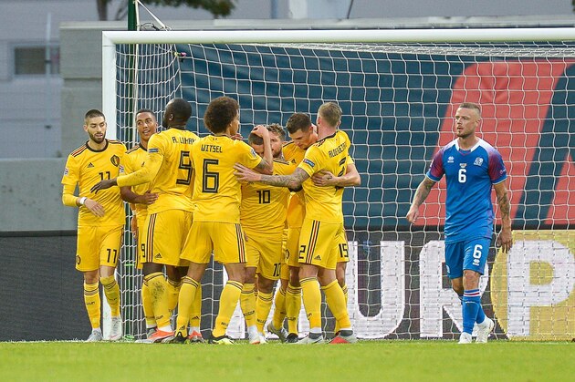 Belgium's team celebrates scoring during the Nations League football match between Iceland and Belgium on September 11, 2018, in Reykjavik, Iceland. (Photo by Haraldur Gudjonsson / AFP)        (Photo credit should read HARALDUR GUDJONSSON/AFP/Getty Images)