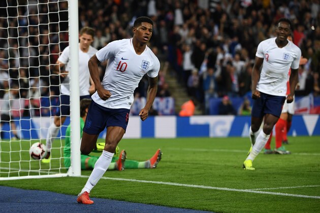 England's striker Marcus Rashford celebrates after scoring during a friendly international football match between England and Switzerland at the King Power stadium in Leicester on September 11, 2018. (Photo by Paul ELLIS / AFP)        (Photo credit should read PAUL ELLIS/AFP/Getty Images)