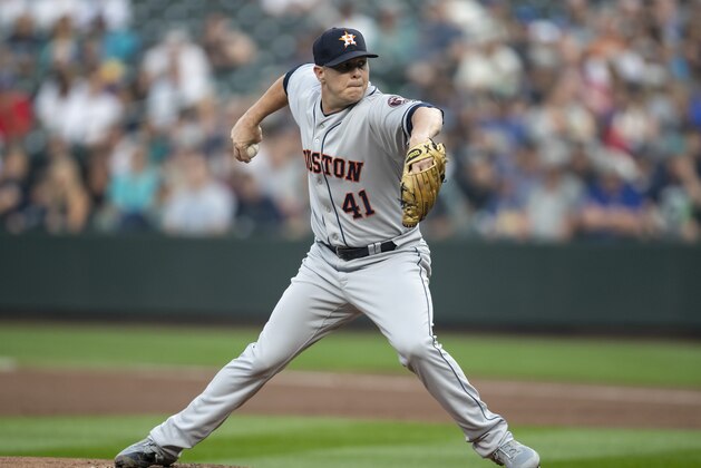 SEATTLE, WA - AUGUST 21: Starter Brad Peacock #41 of the Houston Astros delivers a pitch during the first inning of a game against the Seattle Mariners at Safeco Field on August 21, 2018 in Seattle, Washington. (Photo by Stephen Brashear/Getty Images)