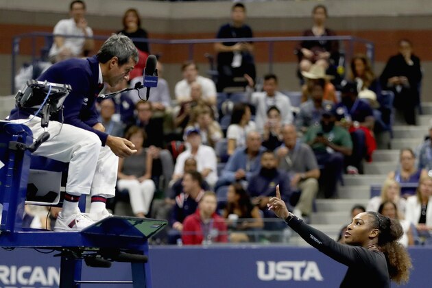 NEW YORK, NY - SEPTEMBER 08:  Serena Williams of the United States reacts to umpire Carlos Ramos after her defeat in the Women's Singles finals match to Naomi Osaka of Japan on Day Thirteen of the 2018 US Open at the USTA Billie Jean King National Tennis Center on September 8, 2018 in the Flushing neighborhood of the Queens borough of New York City.  (Photo by Matthew Stockman/Getty Images)