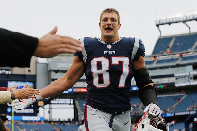 FOXBOROUGH, MA - SEPTEMBER 09:  Rob Gronkowski #87 of the New England Patriots reacts after defeating the Houston Texans 27-20 at Gillette Stadium on September 9, 2018 in Foxborough, Massachusetts.  (Photo by Jim Rogash/Getty Images)
