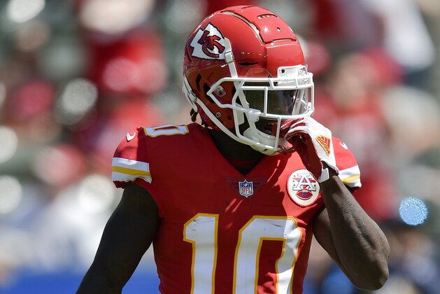 Kansas City Chiefs wide receiver Tyreek Hill in action during the first half of an NFL football game against the Los Angeles Chargers in Carson, Calif., Sunday, Sept. 9, 2018. (AP Photo/Kelvin Kuo)