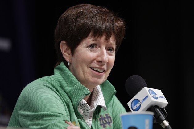 Notre Dame head coach Muffet McGraw responds to a question during a news conference for the women's NCAA Final Four college basketball tournament, Saturday, March 31, 2018, in Columbus, Ohio. Notre Dame faces Mississippi State in the national championship game on Sunday. (AP Photo/Tony Dejak)