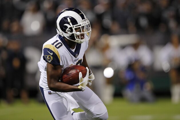 Los Angeles Rams wide receiver Pharoh Cooper carries the ball during the first half of an NFL football game against the Oakland Raiders in Oakland, Calif., Monday, Sept. 10, 2018. (AP Photo/John Hefti) Los Angeles Rams wide receiver Pharoh Cooper carries the ball during the first half of an NFL football game against the Oakland Raiders in Oakland, Calif., Monday, Sept. 10, 2018. (AP Photo/John Hefti)