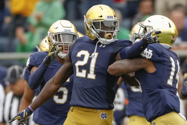SOUTH BEND, IN - SEPTEMBER 08: Jalen Elliott #21 of the Notre Dame Fighting Irish celebrates during the game against the Ball State Cardinals at Notre Dame Stadium on September 8, 2018 in South Bend, Indiana. Notre Dame defeated Ball State 24-16. (Photo by Michael Hickey/Getty Images)